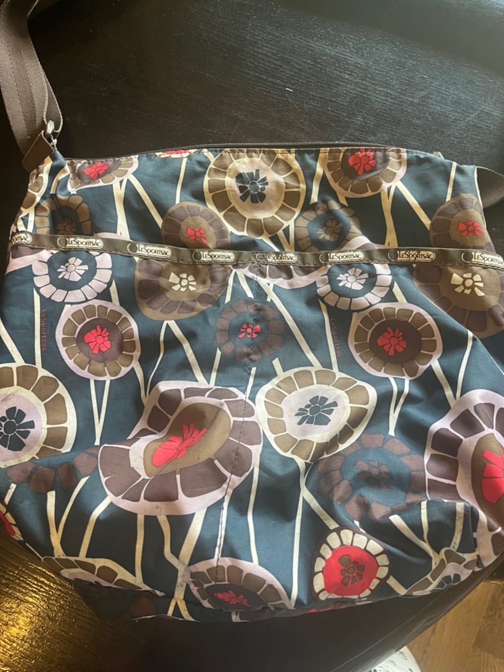 LeSportsac Teal Floral Crossbody with Brown Trim and Red Accents